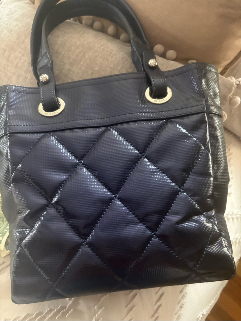 CHANEL Navy Quilted Patent Tote with Gold Ring Accents